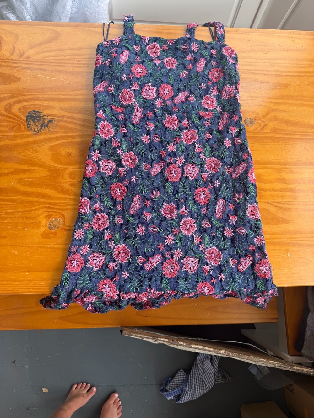 Floral Lace Knit Navy & Pink A-Line Skirt